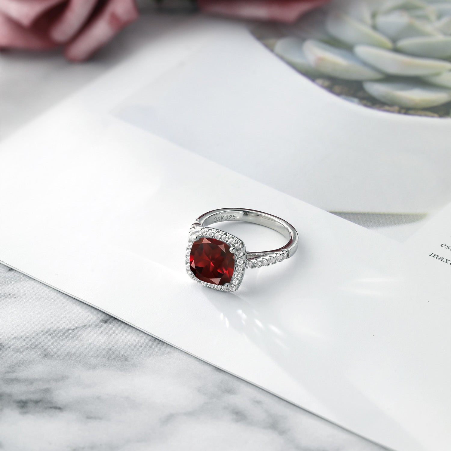 925 Sterling Silver Red Garnet and White Created Sapphire Ring For Women (3.10 Cttw, Cushion Cut 8MM, Gemstone Birthstone, Available In Size 5,6,7,8,9)