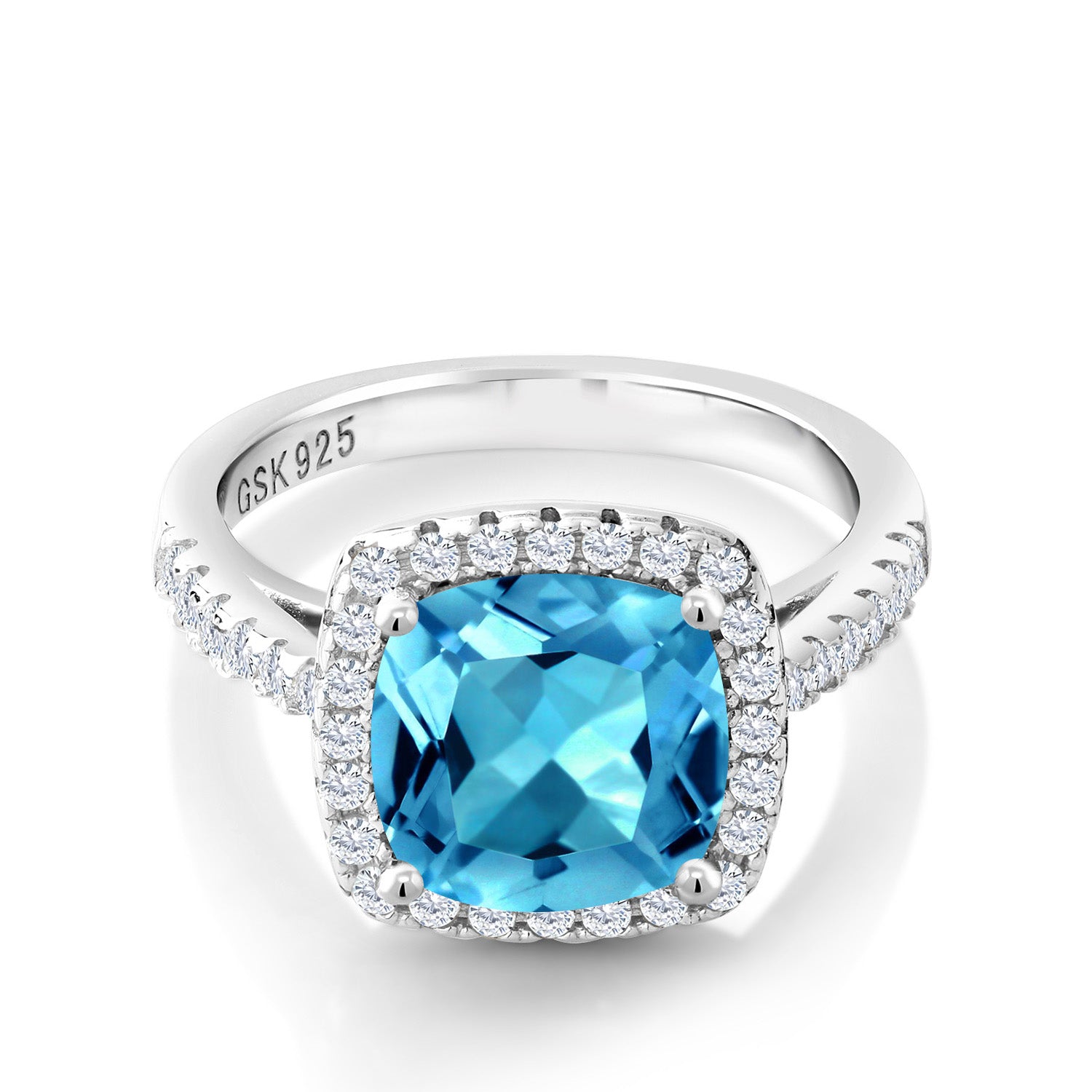 925 Sterling Silver Swiss Blue Topaz and White Created Sapphire Engagement Ring For Women (2.80 Cttw, Cushion Cut 8MM, Available in size 5, 6, 7, 8, 9)