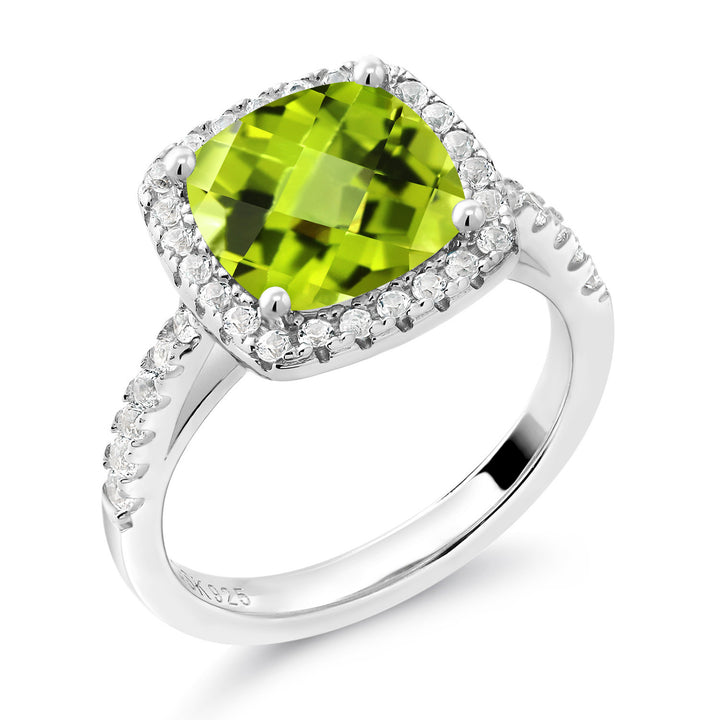 925 Sterling Silver Green Peridot & White Created Sapphire Engagement Ring For Women (3.00 Cttw, Cushion Checkerboard 8MM, Available In Size 5, 6, 7, 8, 9)