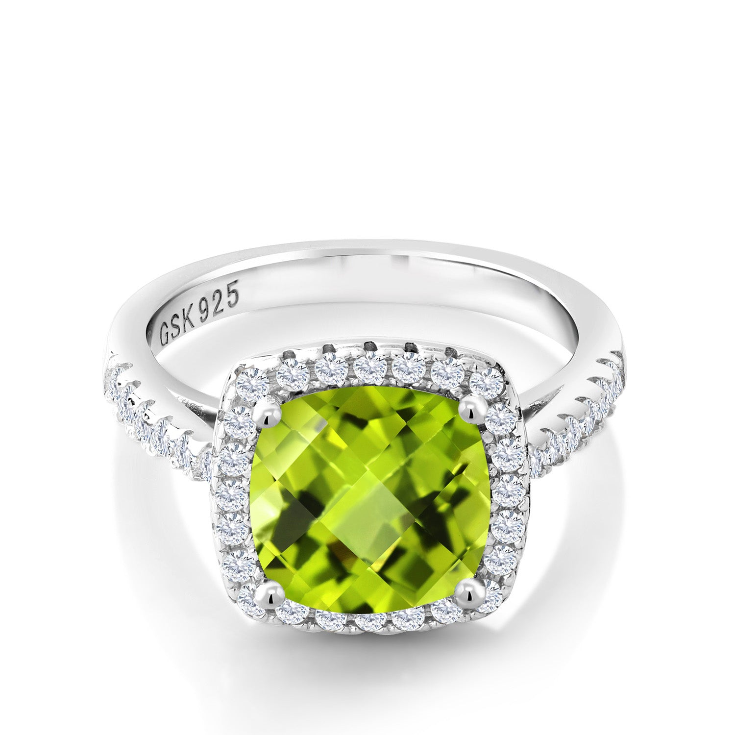 925 Sterling Silver Green Peridot & White Created Sapphire Engagement Ring For Women (3.00 Cttw, Cushion Checkerboard 8MM, Available In Size 5, 6, 7, 8, 9)