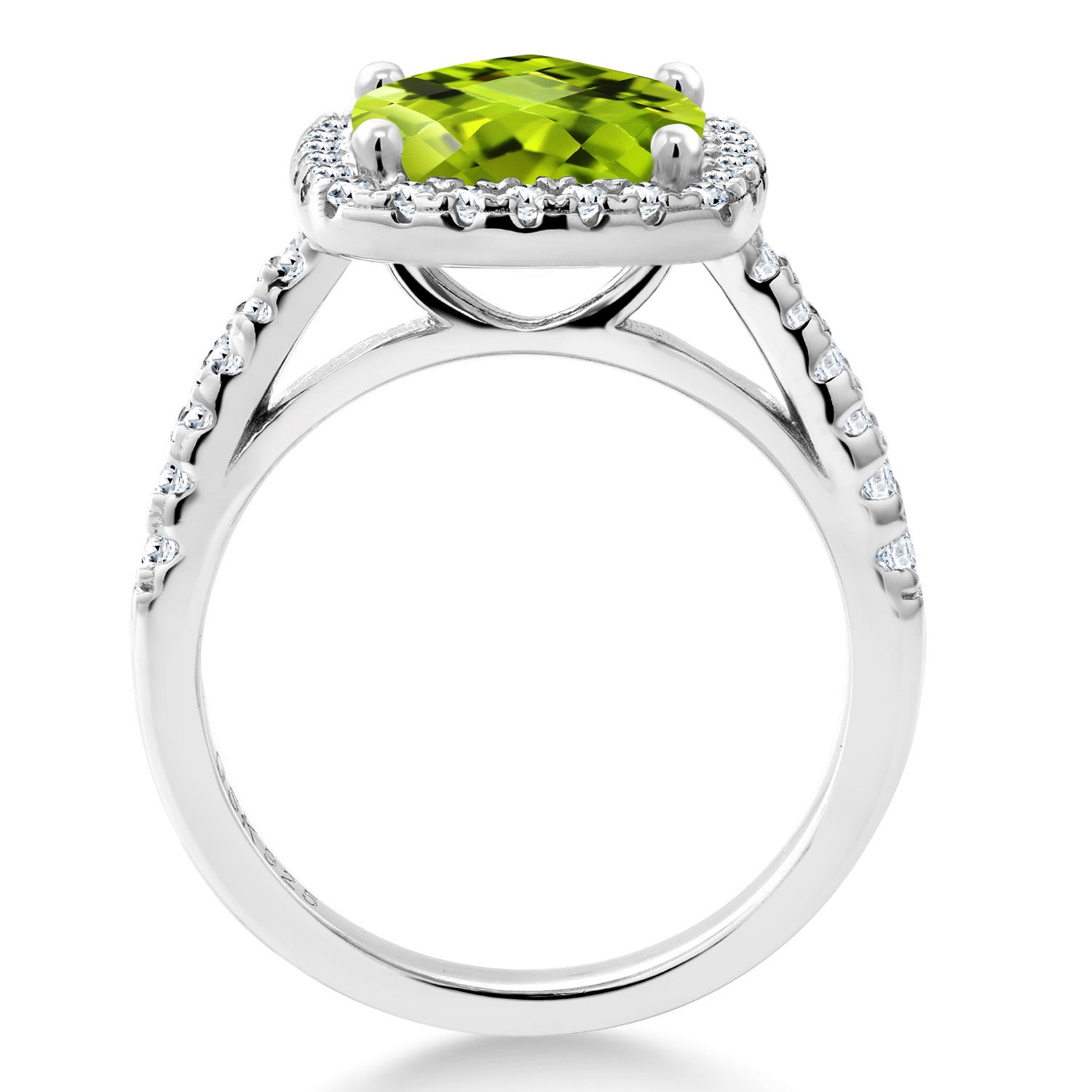 925 Sterling Silver Green Peridot & White Created Sapphire Engagement Ring For Women (3.00 Cttw, Cushion Checkerboard 8MM, Available In Size 5, 6, 7, 8, 9)