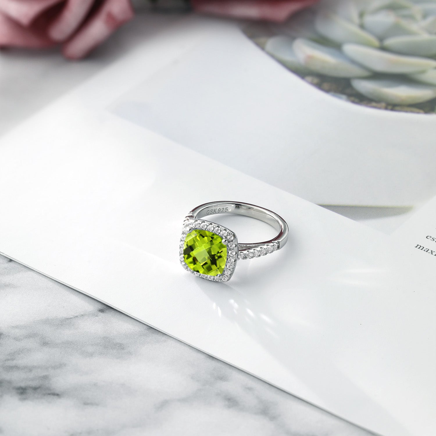 925 Sterling Silver Green Peridot & White Created Sapphire Engagement Ring For Women (3.00 Cttw, Cushion Checkerboard 8MM, Available In Size 5, 6, 7, 8, 9)