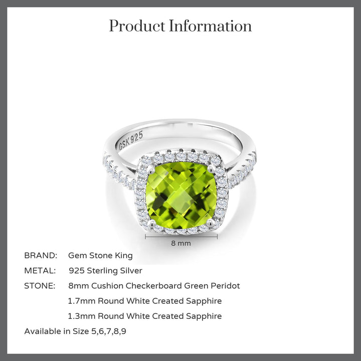 925 Sterling Silver Green Peridot & White Created Sapphire Engagement Ring For Women (3.00 Cttw, Cushion Checkerboard 8MM, Available In Size 5, 6, 7, 8, 9)