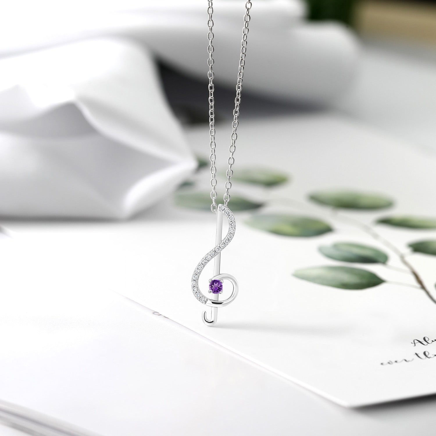 925 Sterling Silver Treble Clef Purple Amethyst Pendant Necklace Music Note Jewelry Gift For Women By Keren Hanan (0.29 Cttw, with 18 Inch Silver Chain)