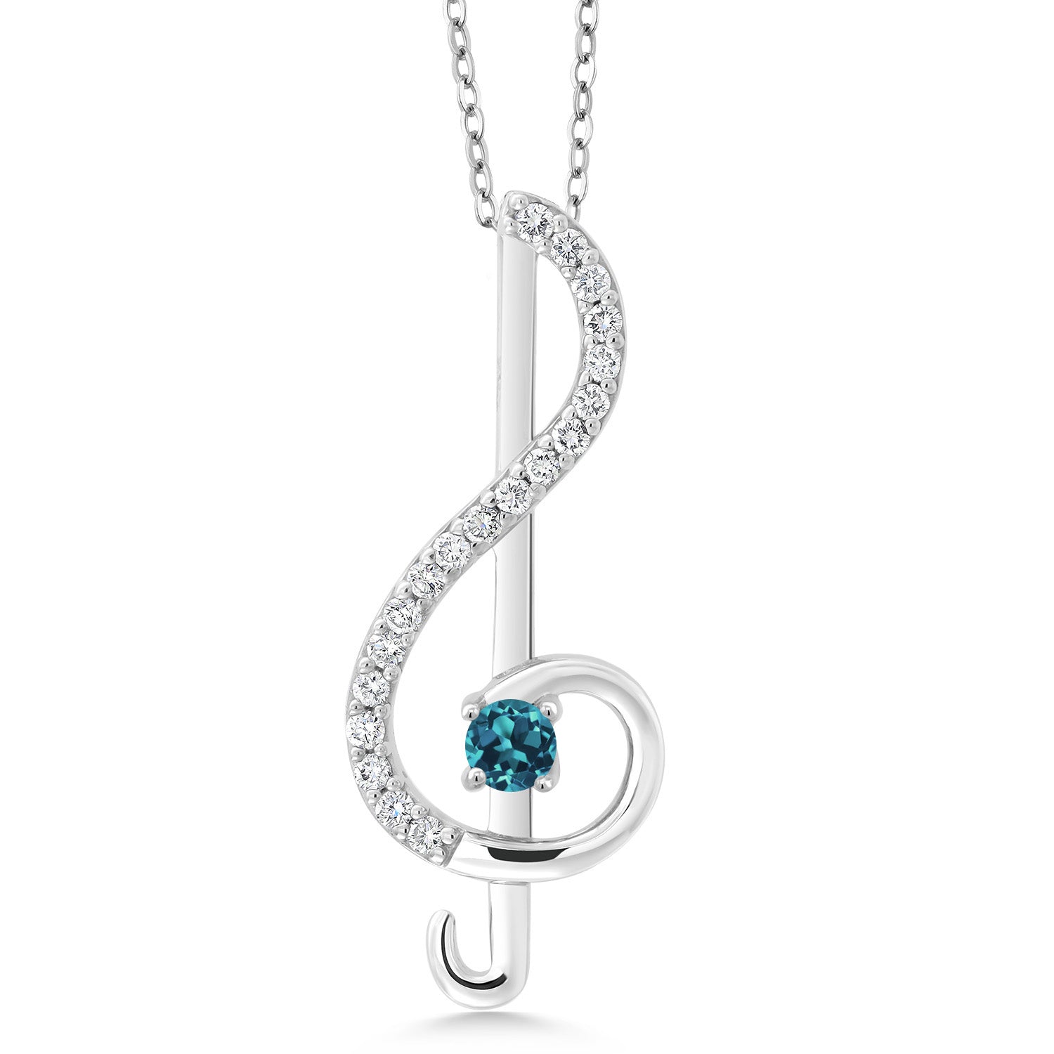 925 Sterling Silver London Blue Topaz Treble Clef Pendant Necklace Music Note Jewelry Gift For Women By Keren Hanan (0.32 Cttw, with 18 Inch Silver Chain)