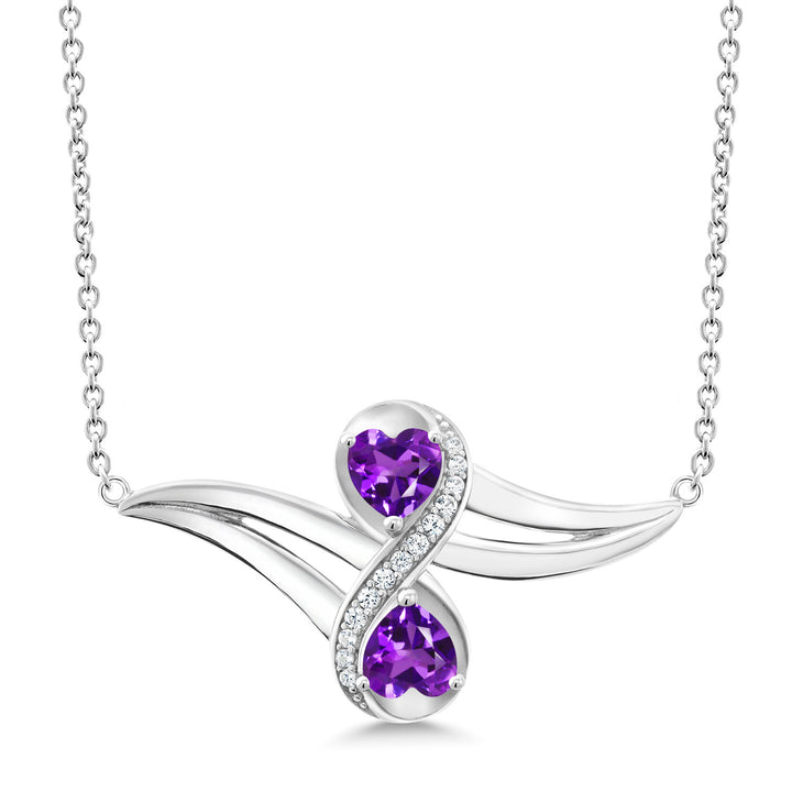 925 Sterling Silver Purple Amethyst and White Created Sapphire Two Heart Infinity Pendant Necklace For Women (0.97 Cttw, Heart 5MM, with 18 Inch Silver Chain)