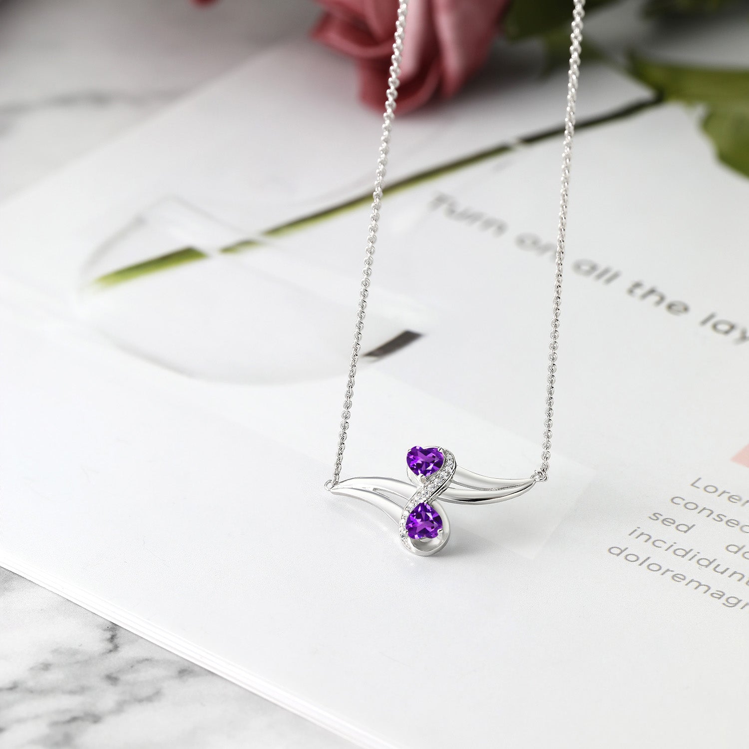 925 Sterling Silver Purple Amethyst and White Created Sapphire Two Heart Infinity Pendant Necklace For Women (0.97 Cttw, Heart 5MM, with 18 Inch Silver Chain)