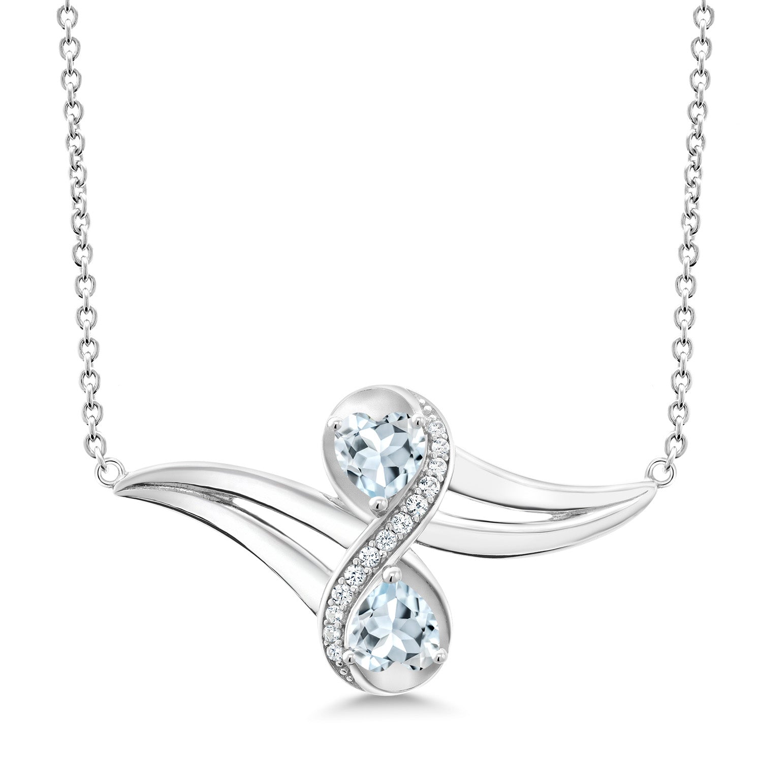 925 Sterling Silver Aquamarine and White Created Sapphire 2 Heart Shape Pendant Necklace For Women (0.96 Cttw, Heart Shape 5MM, with 18 Inch Silver Chain)