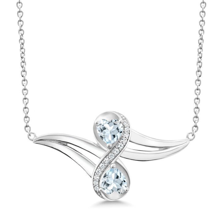 925 Sterling Silver Aquamarine and White Created Sapphire 2 Heart Shape Pendant Necklace For Women (0.96 Cttw, Heart Shape 5MM, with 18 Inch Silver Chain)