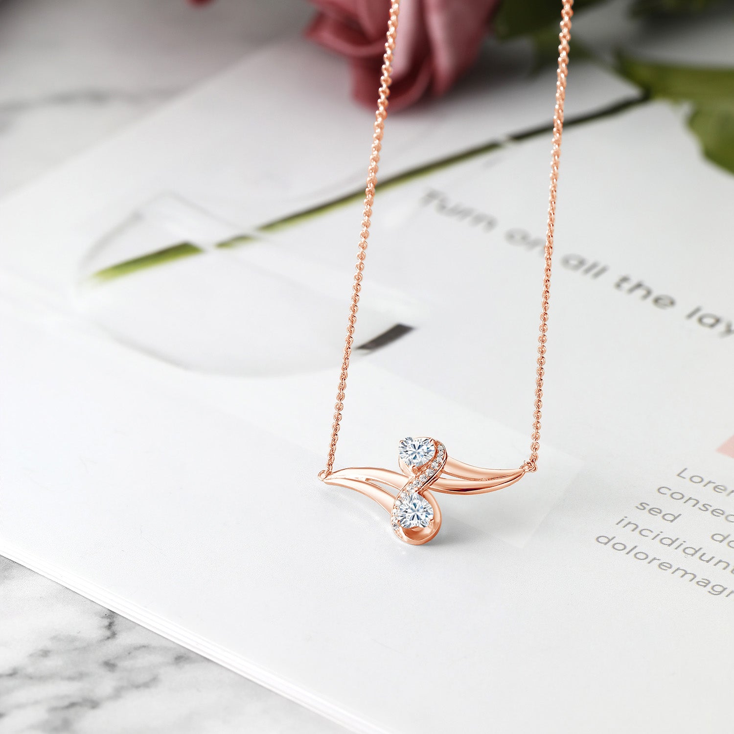 Moissanite and Created Sapphire_Necklace in 925 Rose Gold Plated Silver