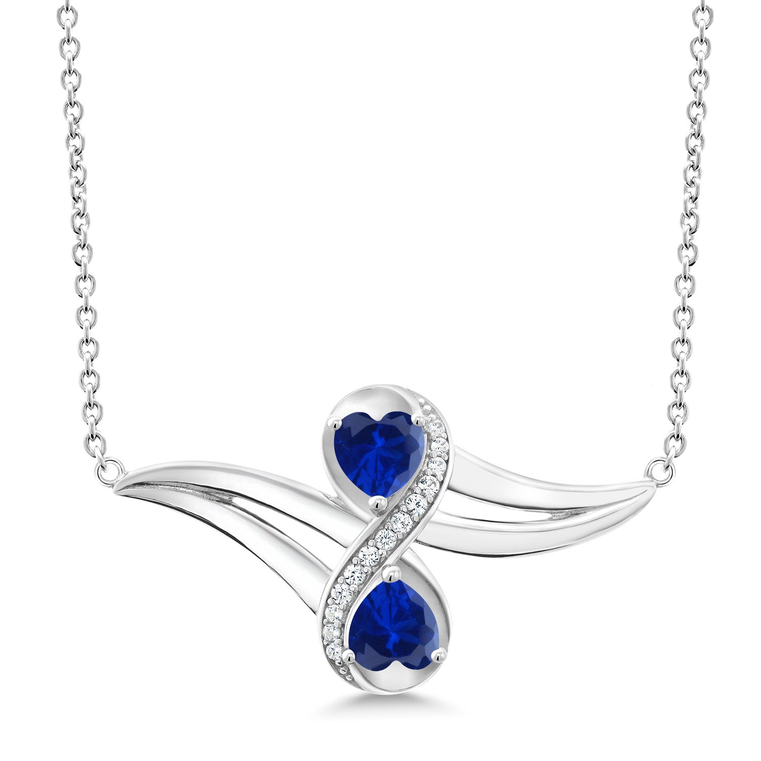 925 Sterling Silver Blue Created Sapphire and White Created Sapphire 2 Heart Women's Infinity Pendant Necklace For Women (1.13 Cttw, Heart 5MM, with 18 Inch Silver Chain)