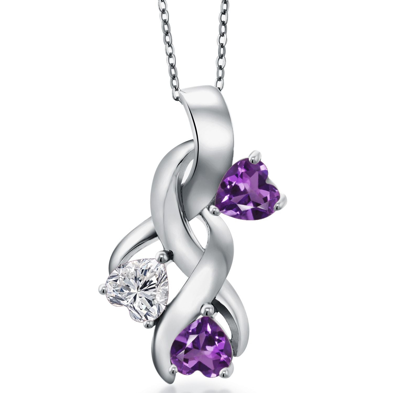 925 Sterling Silver Lab Grown Diamond and Purple Amethyst Pendant Necklace for Women | 1.28 Cttw | Gemstone April Birthstone | Heart Shape 5MM | With 18 Inch Chain