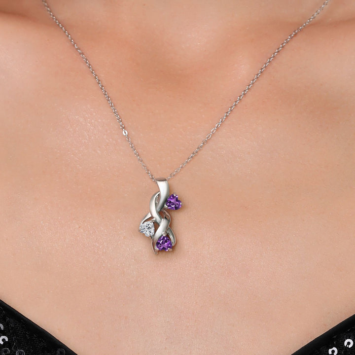 925 Sterling Silver Lab Grown Diamond and Purple Amethyst Pendant Necklace for Women | 1.28 Cttw | Gemstone April Birthstone | Heart Shape 5MM | With 18 Inch Chain