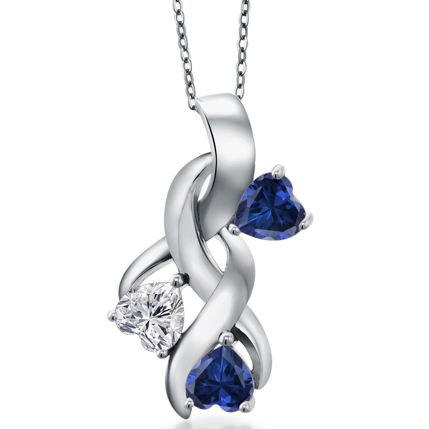 925 Sterling Silver Lab Grown Diamond and Blue Created Sapphire Pendant Necklace for Women | 1.44 Cttw | Gemstone April Birthstone | Heart Shape 5MM | With 18 Inch Chain