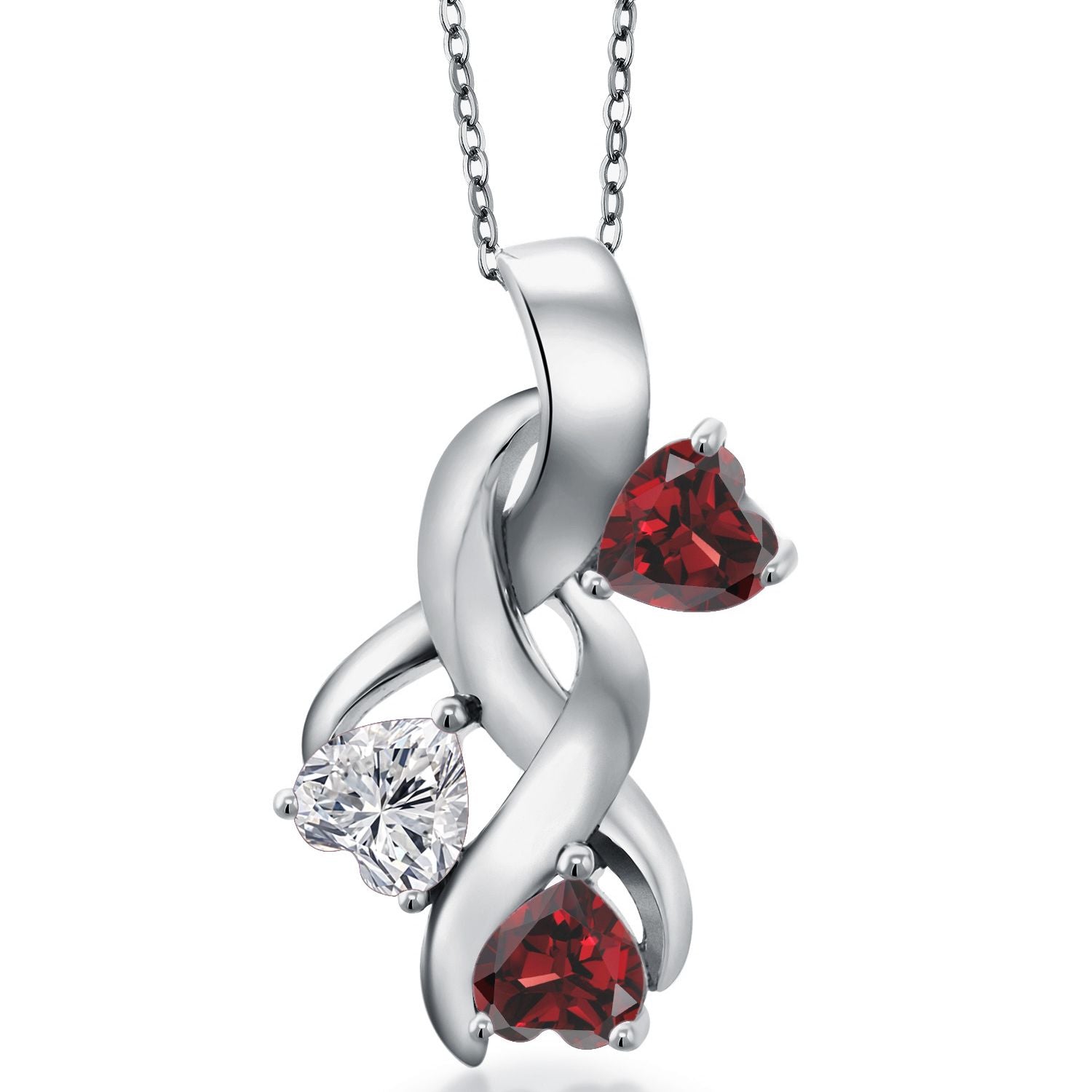 925 Sterling Silver Lab Grown Diamond and Red Garnet Pendant Necklace for Women | 1.64 Cttw | Gemstone April Birthstone | Heart Shape 5MM | With 18 Inch Chain