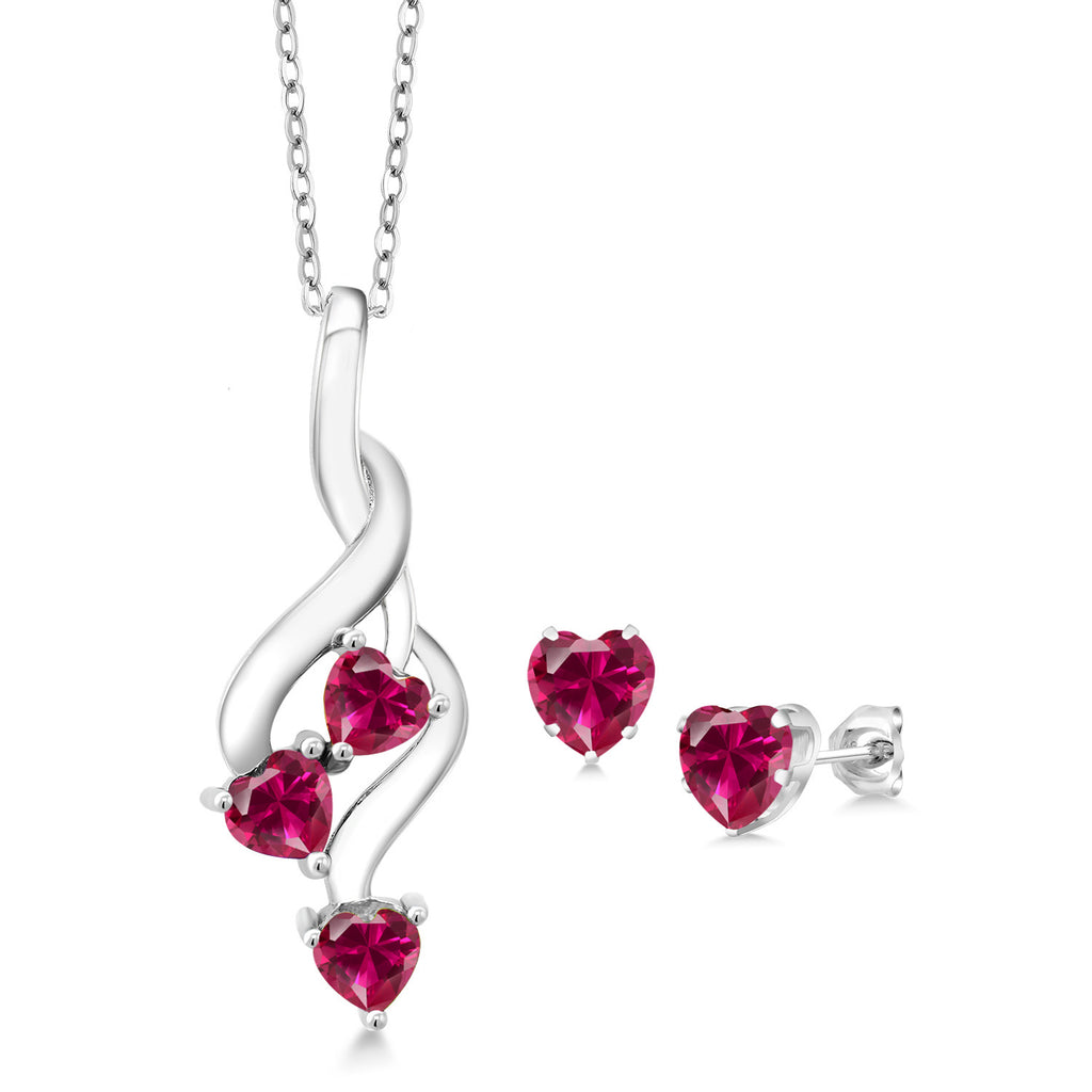 Created Ruby - July_Pendant Earrings Set in 925 Sterling Silver