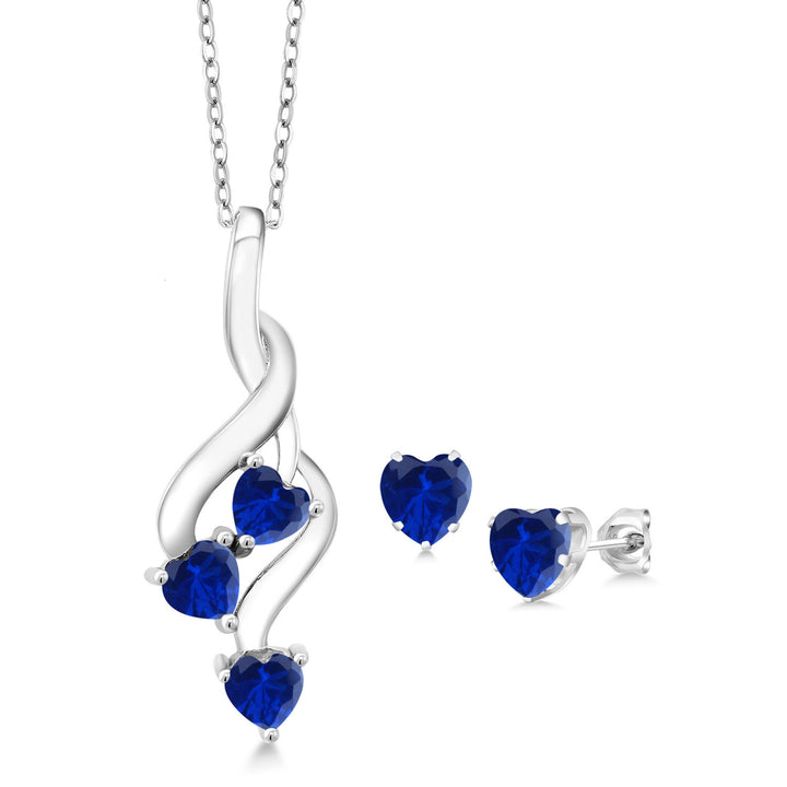 Blue Created Sapphire - September_Pendant Earrings Set in 925 Sterling Silver