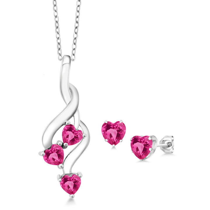 Pink Created Sapphire - September_Pendant Earrings Set in 925 Sterling Silver