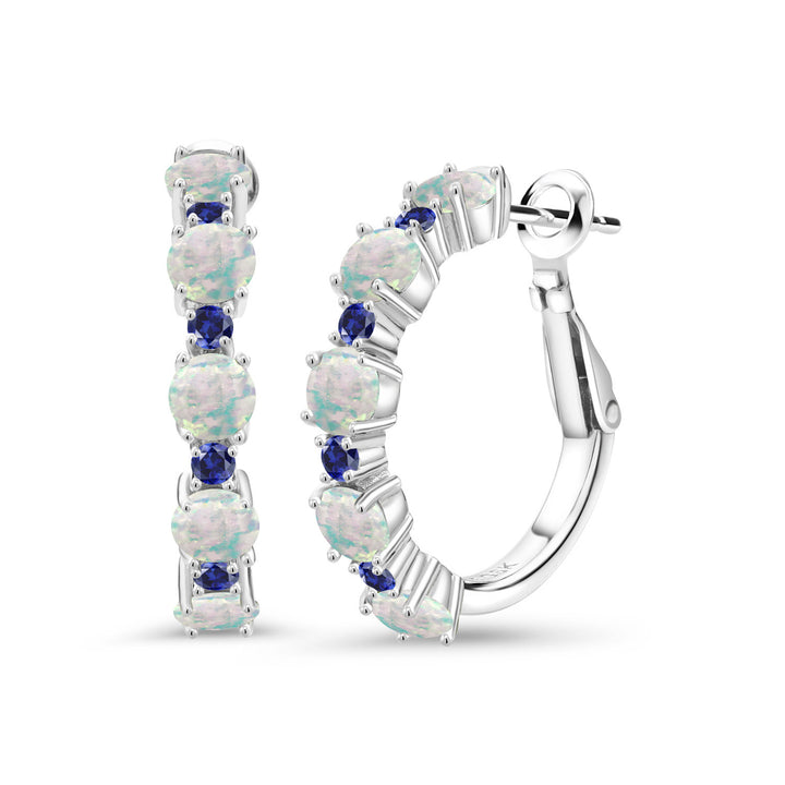 Gem Stone King 925 Sterling Silver Gemstone Birthstone and Blue Created Sapphire Hoop Earrings for Women | Round Cut 4MM and 1.9MM Stones | 1 Inch Diameter Hoops | Fine Jewelry for Her Mom Wife Women