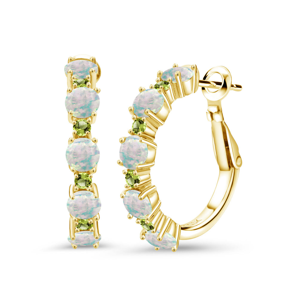 Gem Stone King 18K Yellow Gold Plated Silver Gemstone Birthstone and Peridot Hoop Earrings for Women | Round Cut 4MM and 1.9MM Stones | 1 Inch Diameter Hoops | Fine Jewelry for Her Mom Wife Women