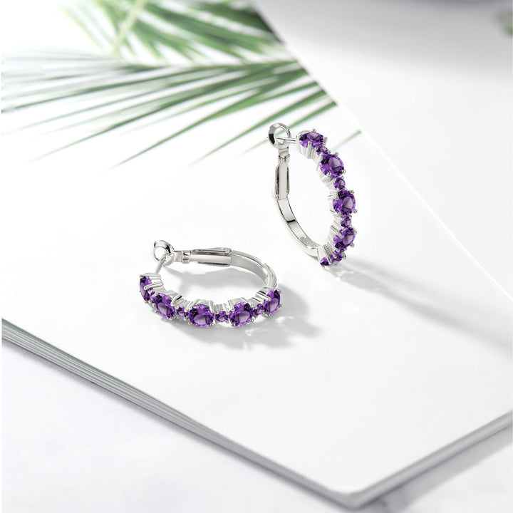 925 Sterling Silver Purple Amethyst Hoop Earrings For Women (2.82 Cttw, Round 4MM and 1.9MM, Gemstone Birthstone 1 Inch Diameter)