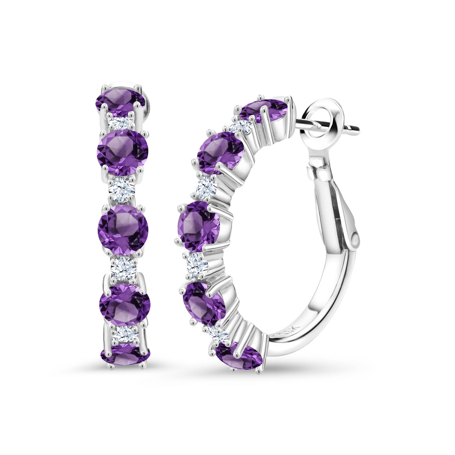 925 Sterling Silver Purple Amethyst and White Zirconia Hoop Earrings For Women (2.74 Cttw, Round 4MM and 1.9MM, Gemstone Birthstone 1 Inch Diameter)