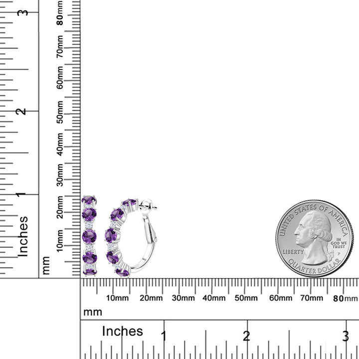 925 Sterling Silver Purple Amethyst and White Zirconia Hoop Earrings For Women (2.74 Cttw, Round 4MM and 1.9MM, Gemstone Birthstone 1 Inch Diameter)