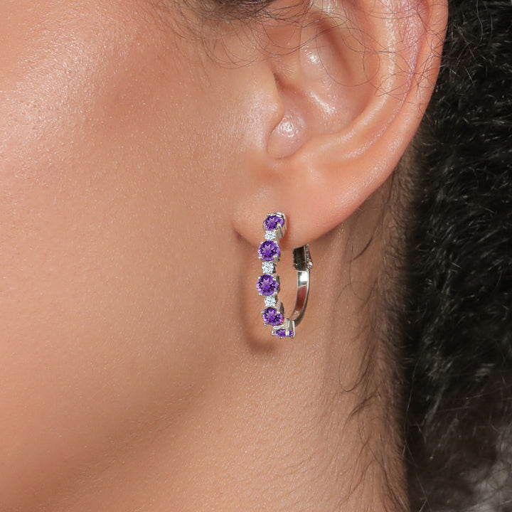 925 Sterling Silver Purple Amethyst and White Zirconia Hoop Earrings For Women (2.74 Cttw, Round 4MM and 1.9MM, Gemstone Birthstone 1 Inch Diameter)