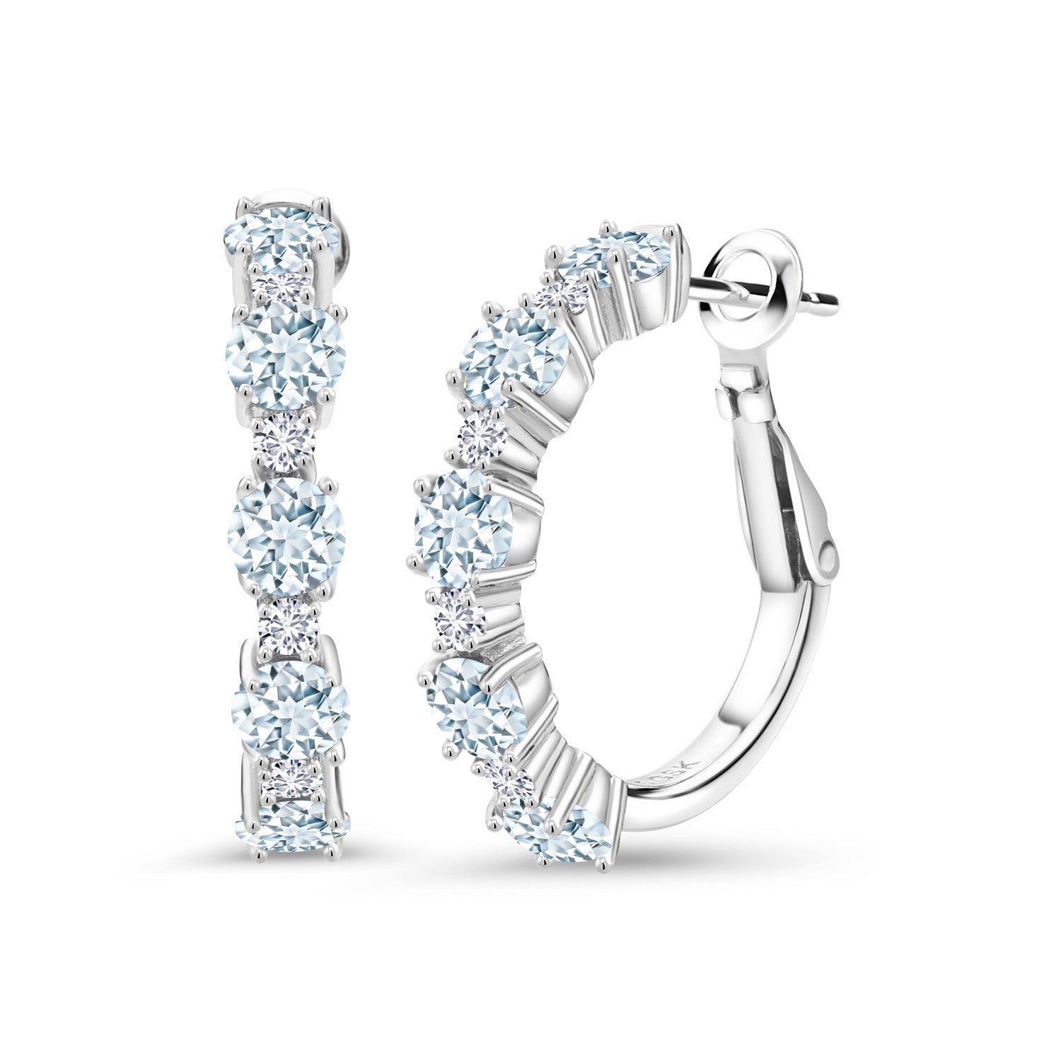 925 Sterling Silver Sky Blue Aquamarine and White Lab Grown Diamond Hoop Earrings For Women (2.80 Cttw, Round 4MM and 1.9MM, Gemstone Birthstone 1 Inch Diameter)