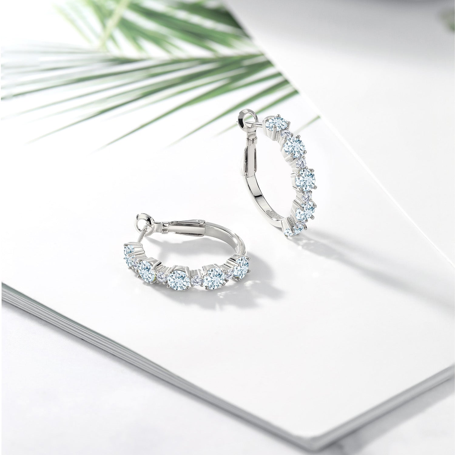 925 Sterling Silver Sky Blue Aquamarine and White Lab Grown Diamond Hoop Earrings For Women (2.80 Cttw, Round 4MM and 1.9MM, Gemstone Birthstone 1 Inch Diameter)