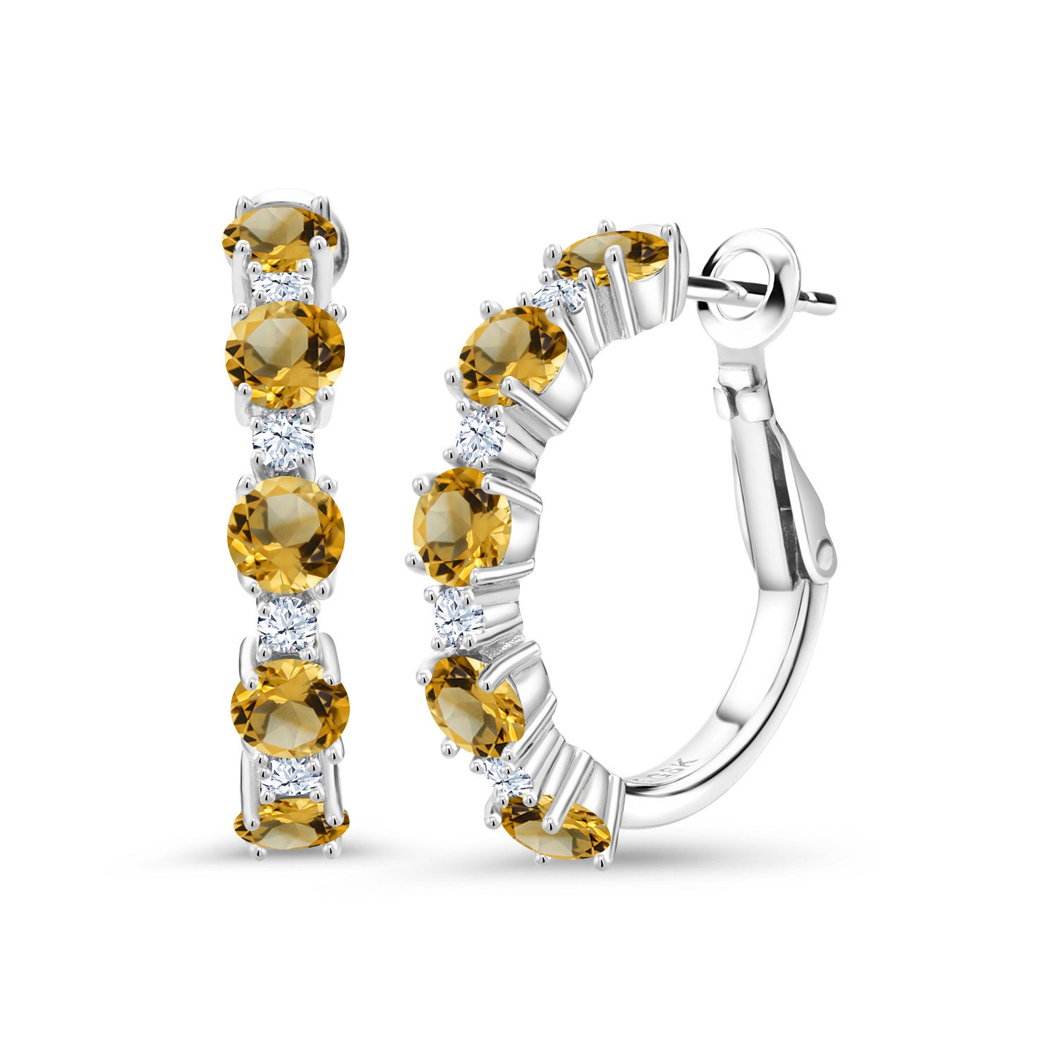 925 Sterling Silver Yellow Citrine and White Created Sapphire Hoop Earrings For Women (2.88 Cttw, Round 4MM and 1.9MM, Gemstone Birthstone 1 Inch Diameter)