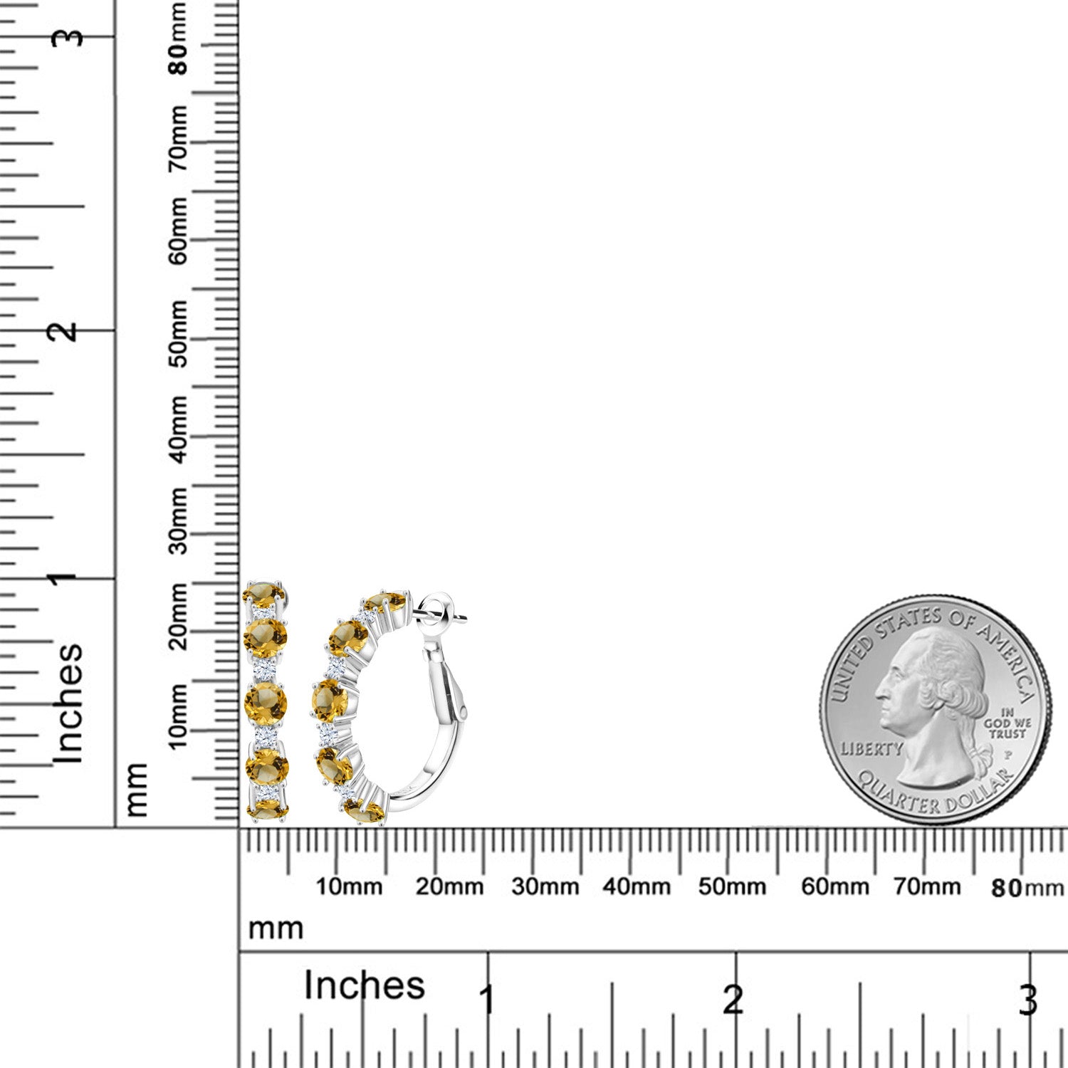 925 Sterling Silver Yellow Citrine and White Created Sapphire Hoop Earrings For Women (2.88 Cttw, Round 4MM and 1.9MM, Gemstone Birthstone 1 Inch Diameter)