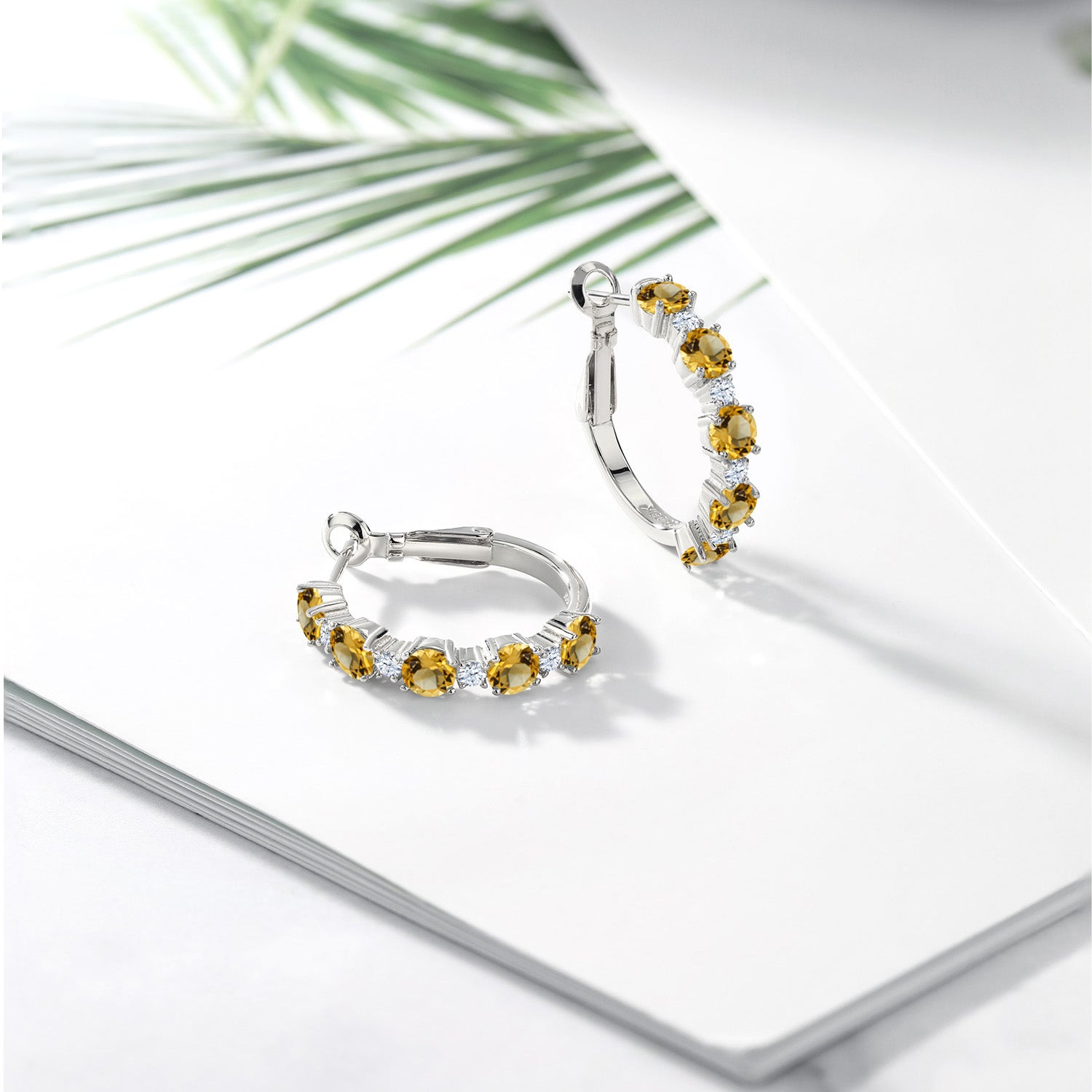 925 Sterling Silver Yellow Citrine and White Created Sapphire Hoop Earrings For Women (2.88 Cttw, Round 4MM and 1.9MM, Gemstone Birthstone 1 Inch Diameter)