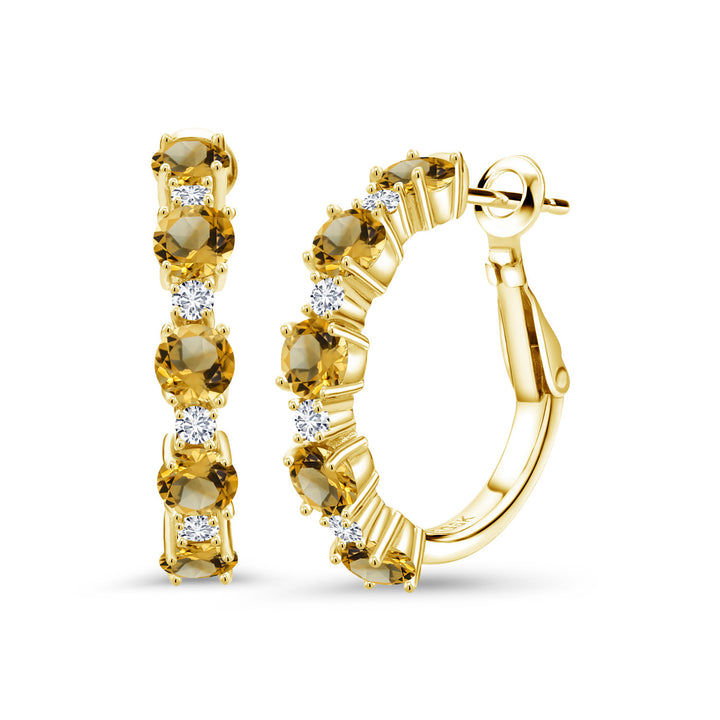 Gem Stone King 18K Yellow Gold Plated Silver Gemstone Birthstone and Lab Grown Diamond Hoop Earrings for Women | Round Cut 4MM and 1.9MM Stones | 1 Inch Diameter Hoops | Fine Jewelry for Her Mom Wife Women