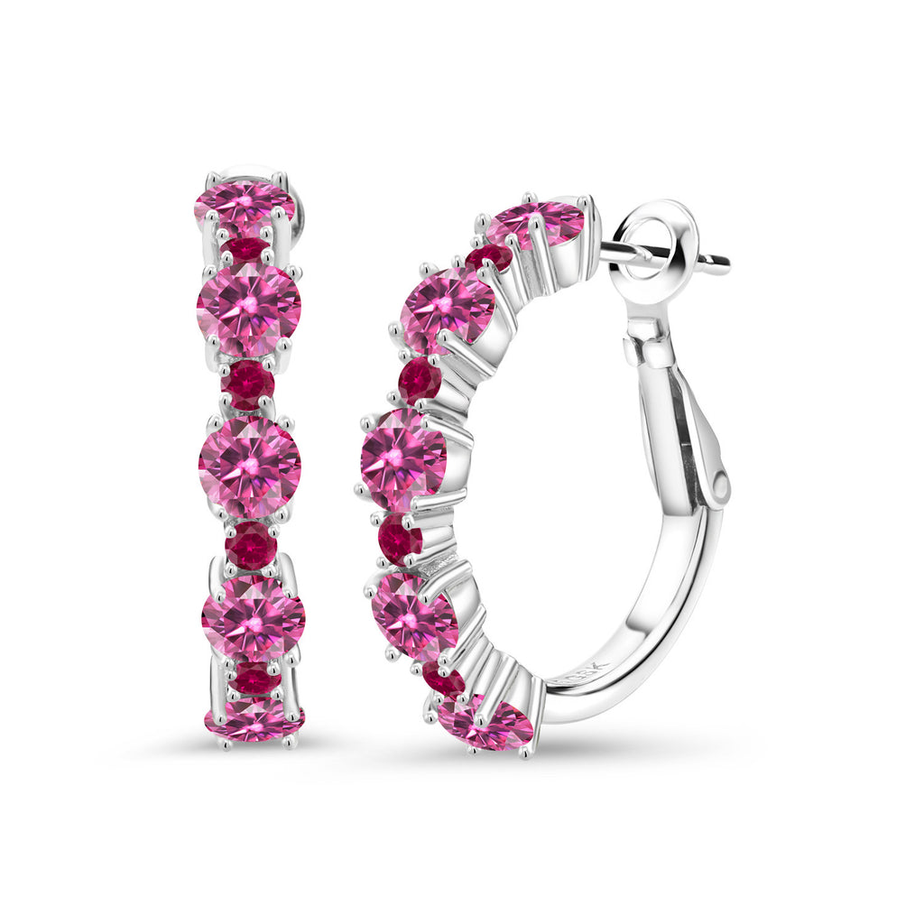 Gem Stone King 925 Sterling Silver Gemstone Birthstone and Created Ruby Hoop Earrings for Women | Round Cut 4MM and 1.9MM Stones | 1 Inch Diameter Hoops | Fine Jewelry for Her Mom Wife Women