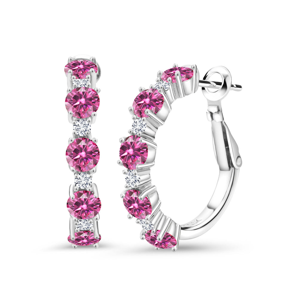 Gem Stone King 2-4 Cttw Gemstone Birthstone and Lab Grown Diamond Hoop Earrings for Women | 925 Sterling Silver | Round Cut 4MM and 1.9MM Stones | 1 Inch Diameter Hoops
