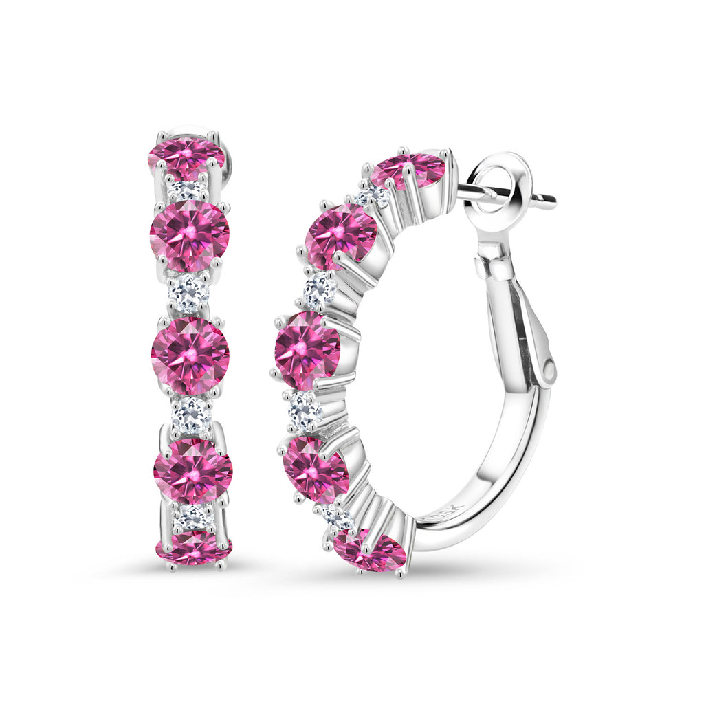 Gem Stone King Alternating Hoop Earrings for Women | 925 Sterling Silver | Gemstone Birthstone and White Topaz  | Round 4MM and 1.9MM Stones | 1 Inch Diameter Hoops | Fine Jewelry for Her Mom Wife Women