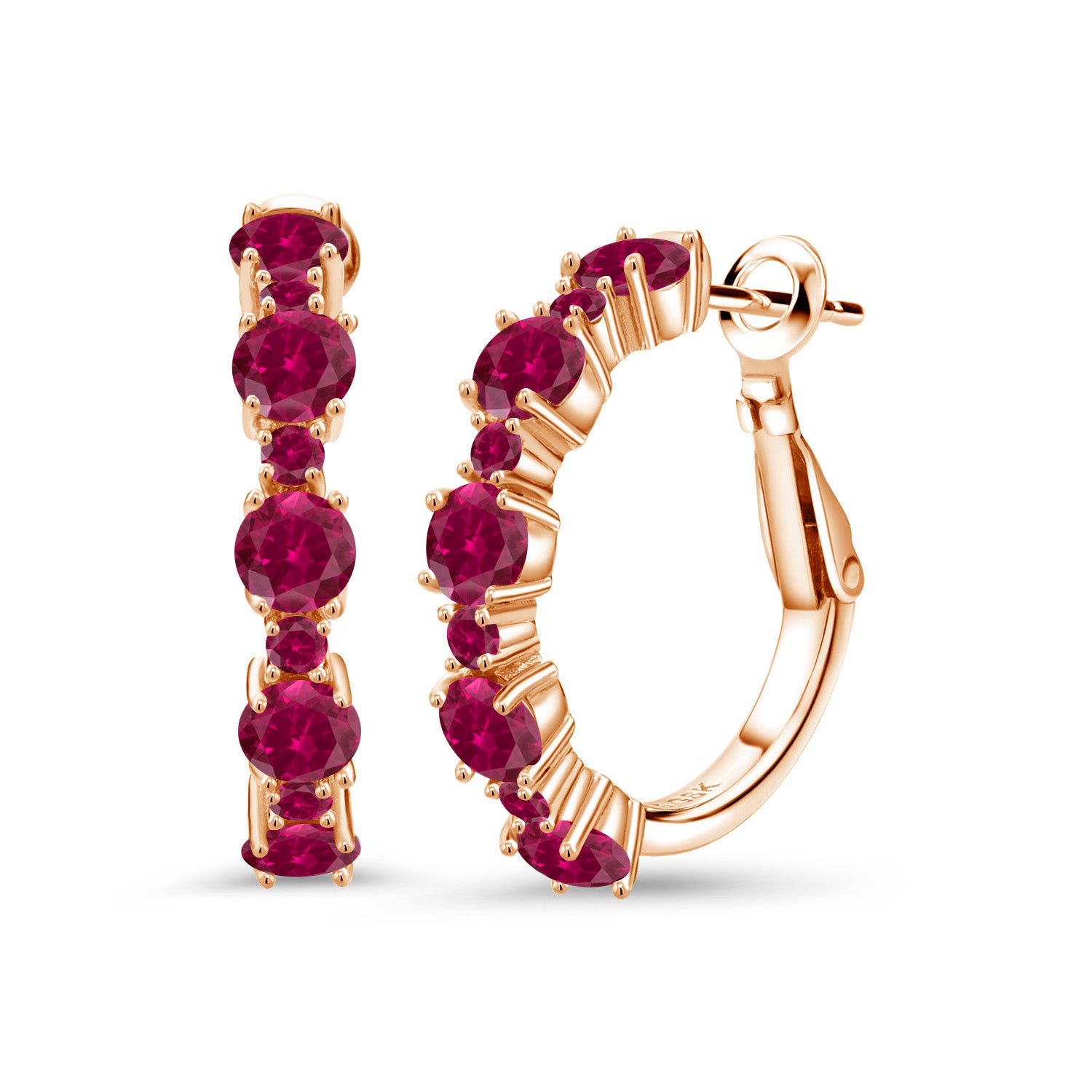 18K Rose Gold Plated Silver Red Created Ruby Hoop Earrings For Women (2.90 Cttw, Round 4MM and 1.9MM, Gemstone Birthstone 1 Inch Diameter)