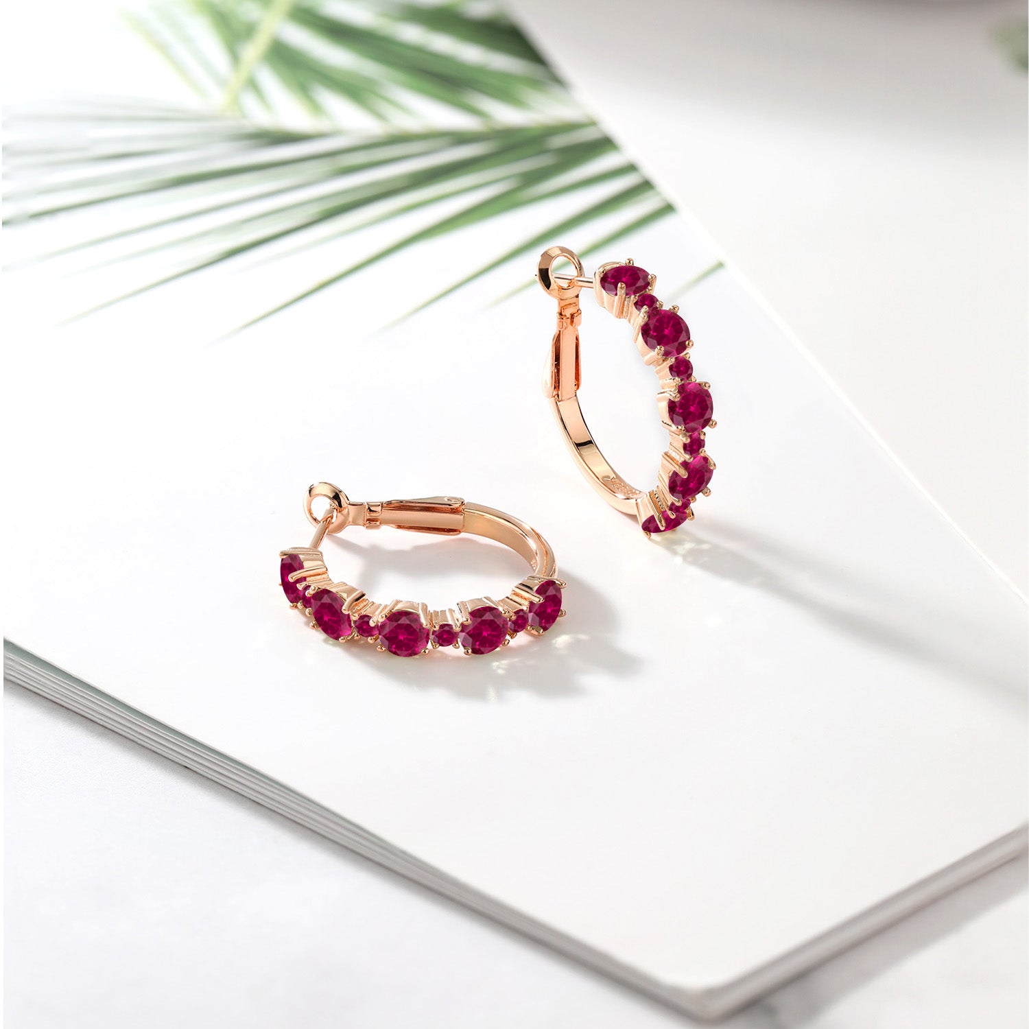 18K Rose Gold Plated Silver Red Created Ruby Hoop Earrings For Women (2.90 Cttw, Round 4MM and 1.9MM, Gemstone Birthstone 1 Inch Diameter)