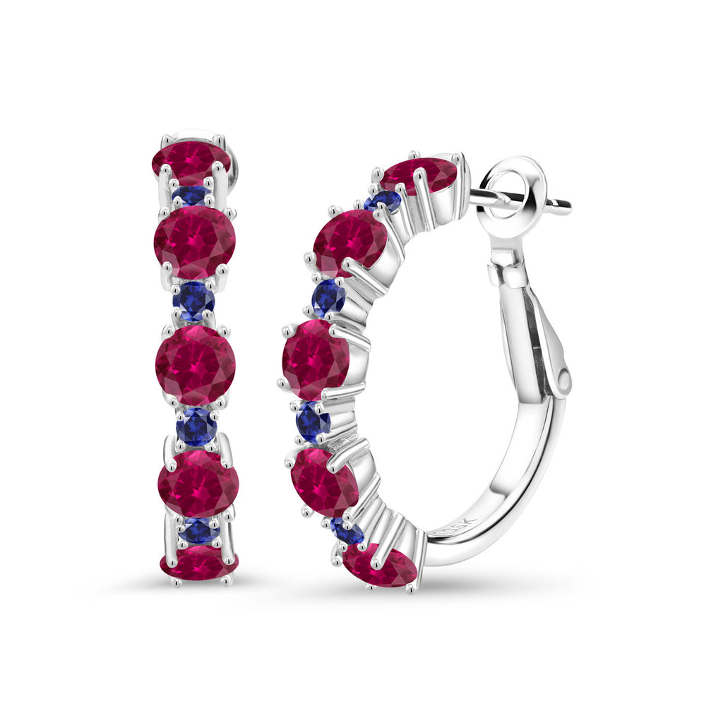 Gem Stone King 925 Sterling Silver Gemstone Birthstone and Blue Created Sapphire Hoop Earrings for Women | Round Cut 4MM and 1.9MM Stones | 1 Inch Diameter Hoops | Fine Jewelry for Her Mom Wife Women