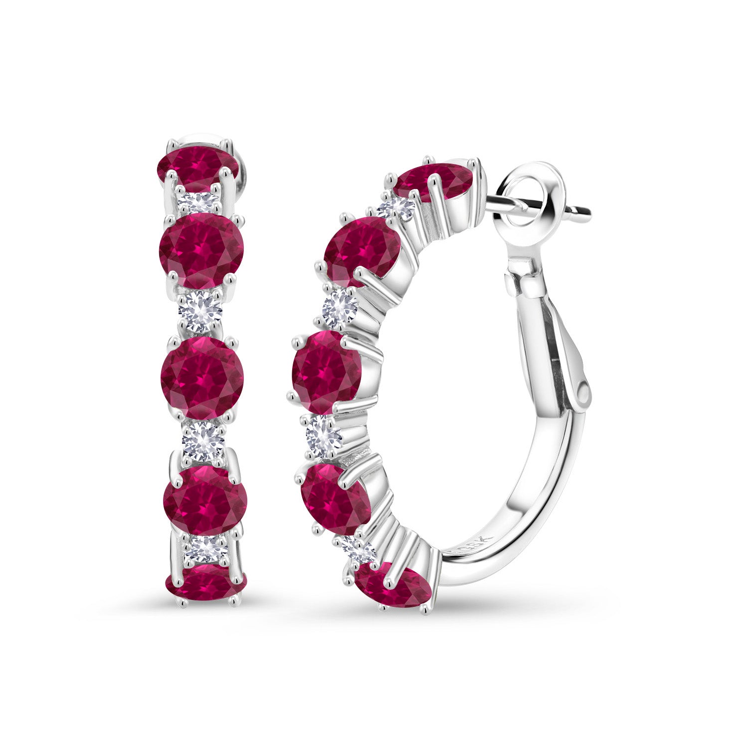 925 Sterling Silver Red Created Ruby and White Created Sapphire Hoop Earrings For Women (2.82 Cttw, Round 4MM and 1.9MM, Gemstone Birthstone 1 Inch Diameter)