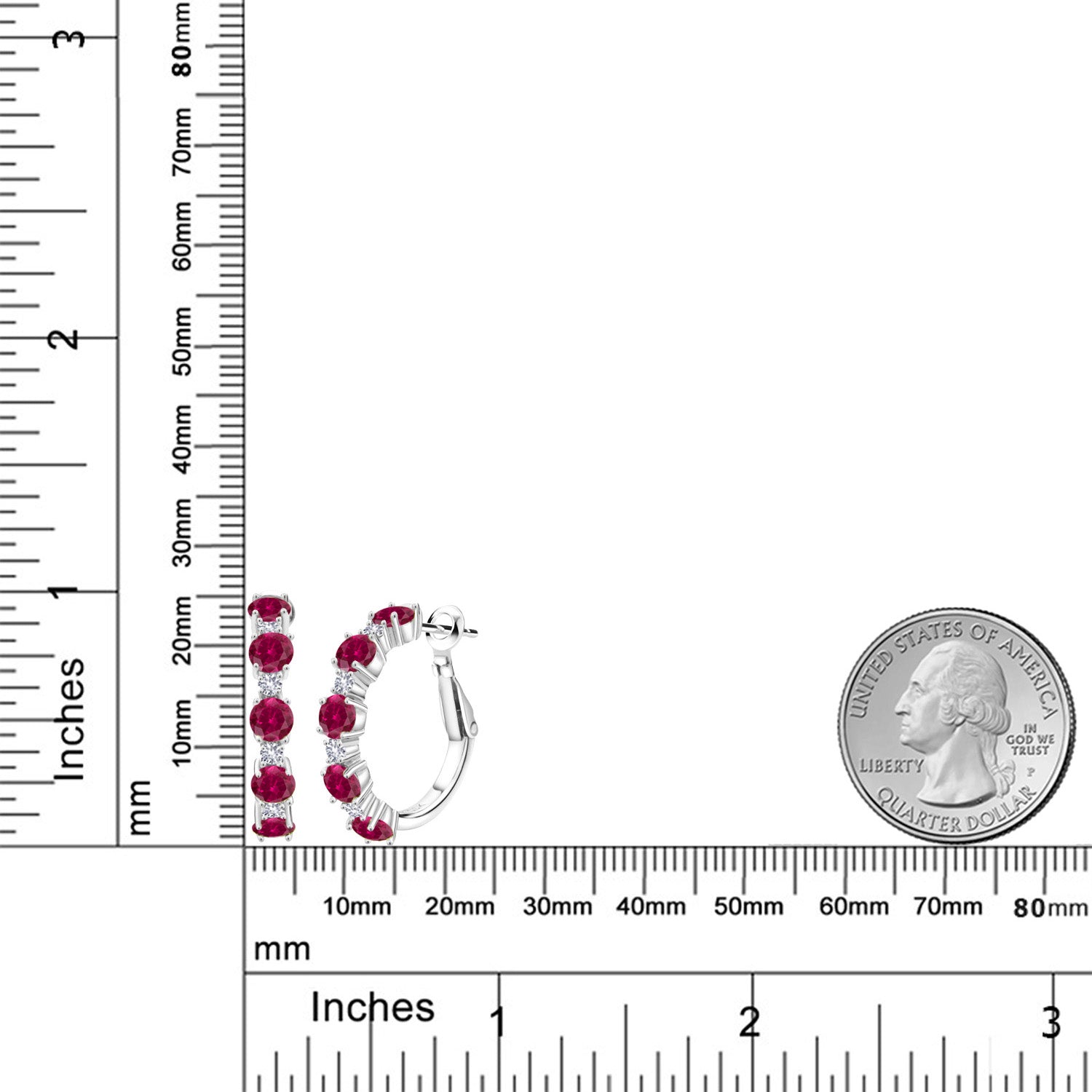 925 Sterling Silver Red Created Ruby and White Created Sapphire Hoop Earrings For Women (2.82 Cttw, Round 4MM and 1.9MM, Gemstone Birthstone 1 Inch Diameter)