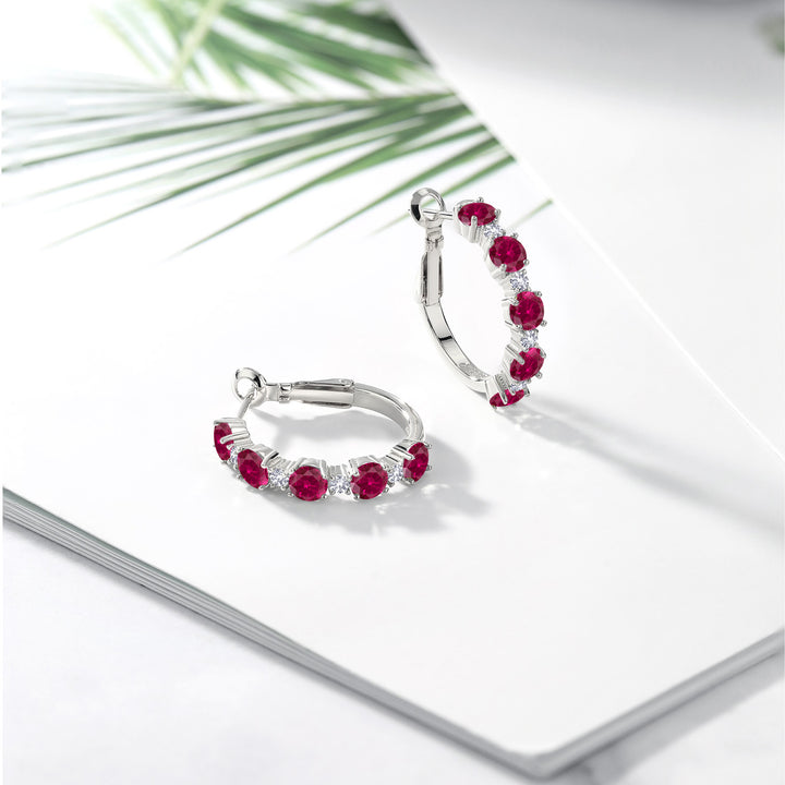 925 Sterling Silver Red Created Ruby and White Created Sapphire Hoop Earrings For Women (2.82 Cttw, Round 4MM and 1.9MM, Gemstone Birthstone 1 Inch Diameter)