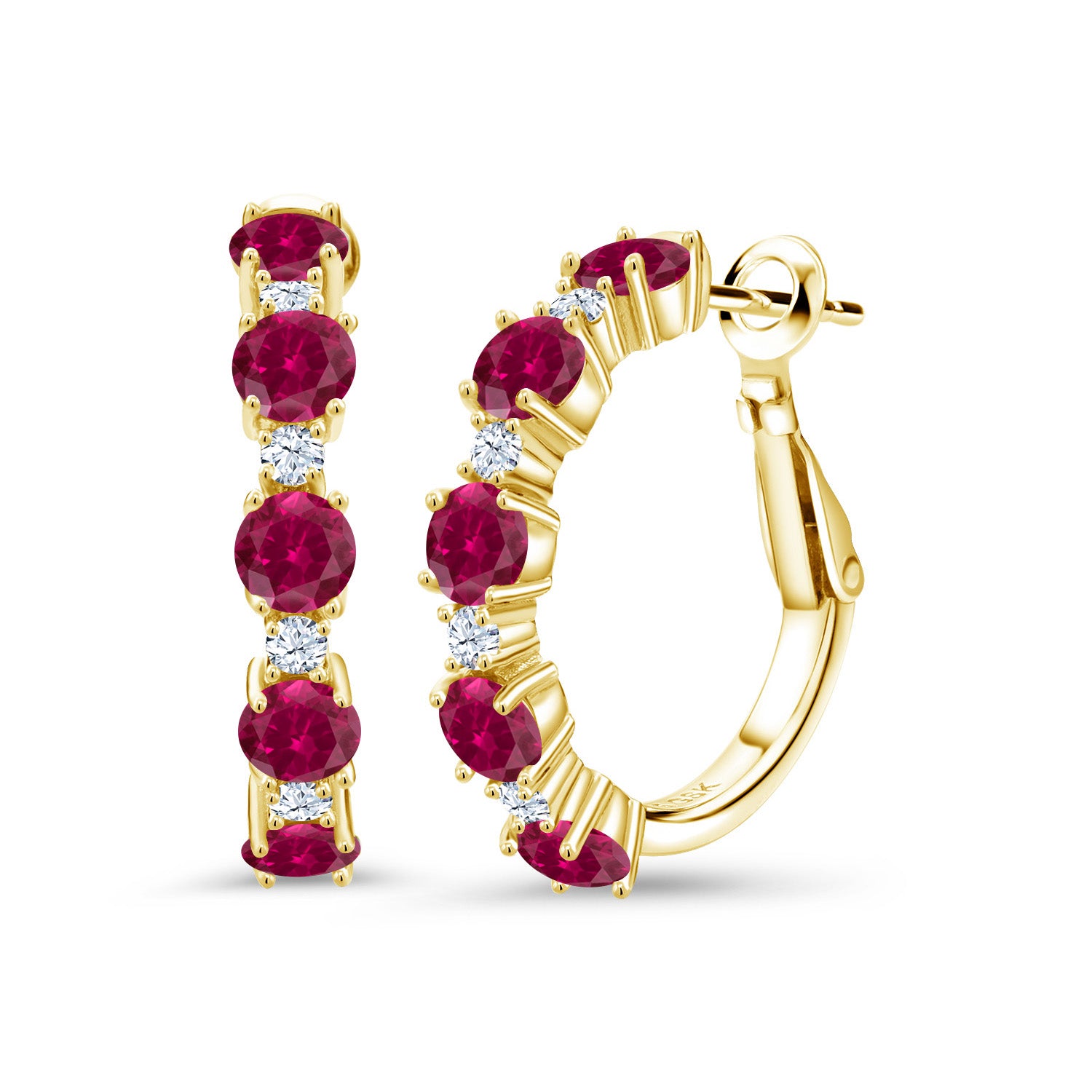 18K Yellow Gold Plated Silver Red Created Ruby and White Zirconia Hoop Earrings For Women (2.74 Cttw, Round 4MM and 1.9MM, 1 Inch Diameter)