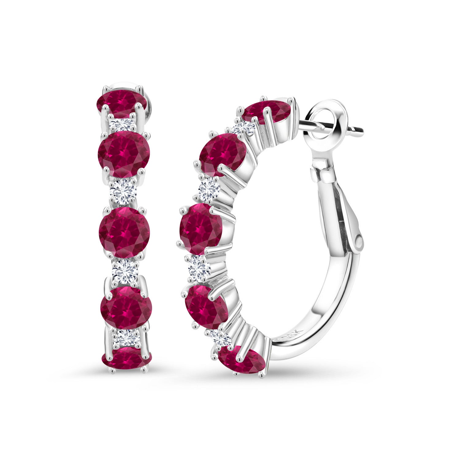 925 Sterling Silver Red Created Ruby and White Lab Grown Diamond Hoop Earrings For Women (2.80 Cttw, Round 4MM and 1.9MM, Gemstone Birthstone 1 Inch Diameter)