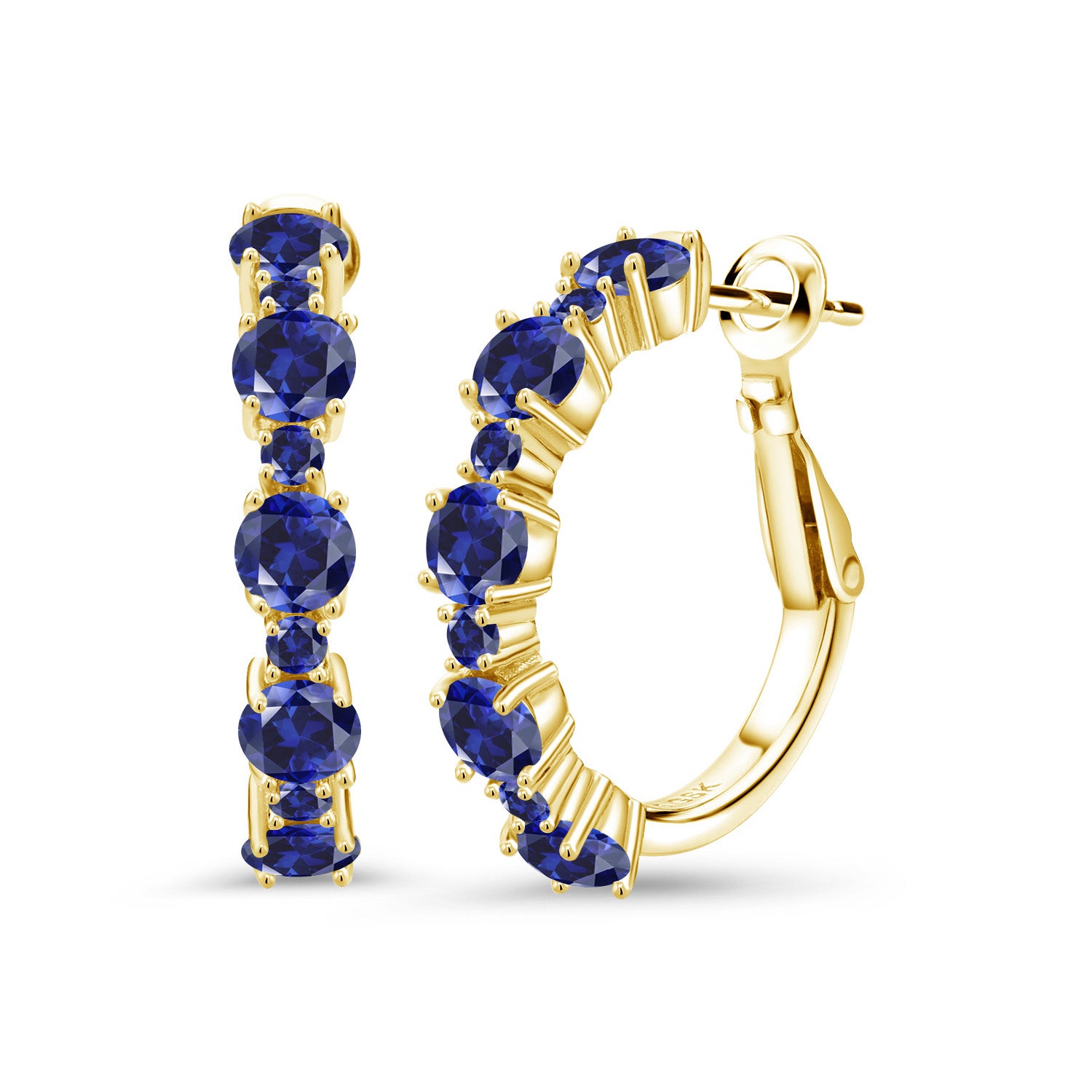 18K Yellow Gold Plated Silver Blue Created Sapphire Hoop Earrings For Women (2.86 Cttw, Round 4MM and 1.9MM, Gemstone Birthstone 1 Inch Diameter)