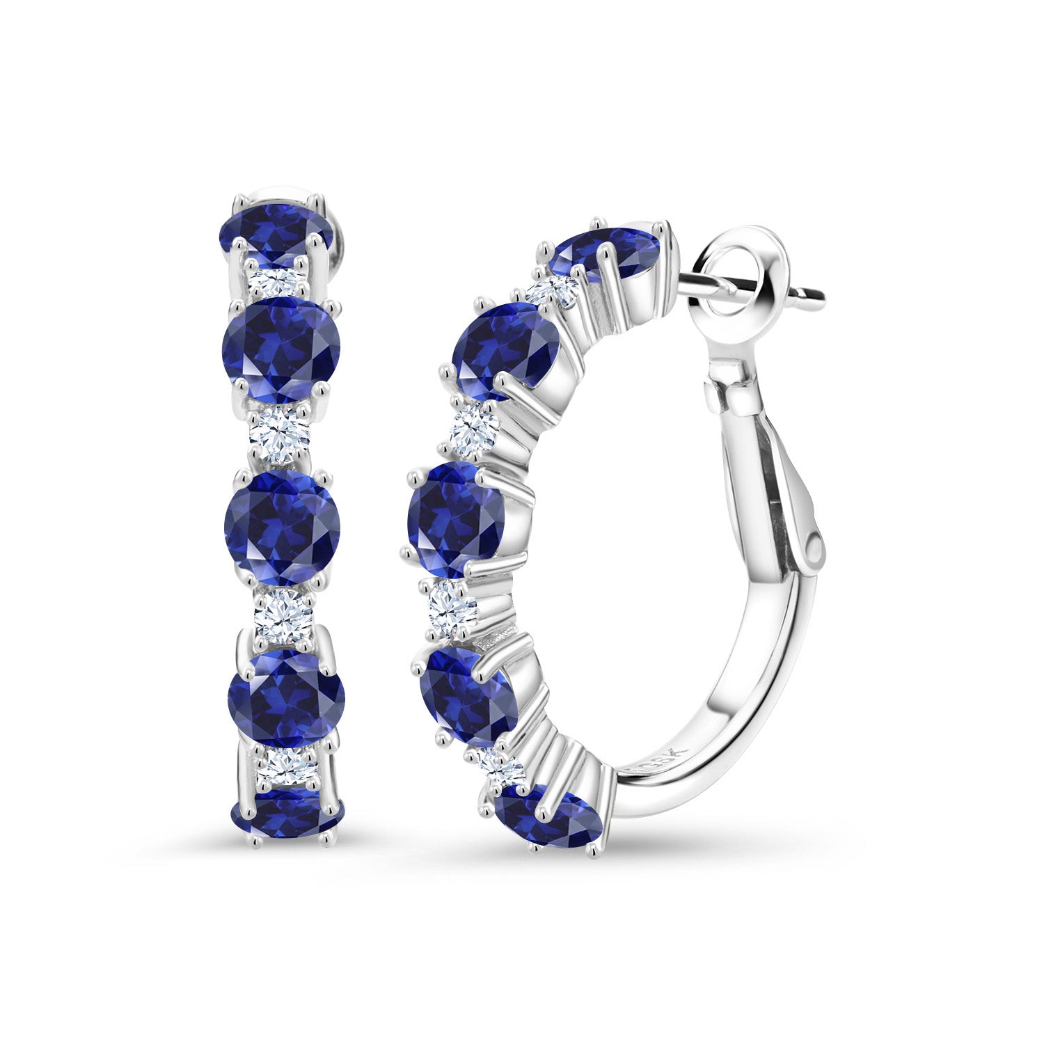 925 Sterling Silver Blue Created Sapphire and White Zirconia Hoop Earrings For Women (2.74 Cttw, Round 4MM and 1.9MM, Gemstone Birthstone 1 Inch Diameter)