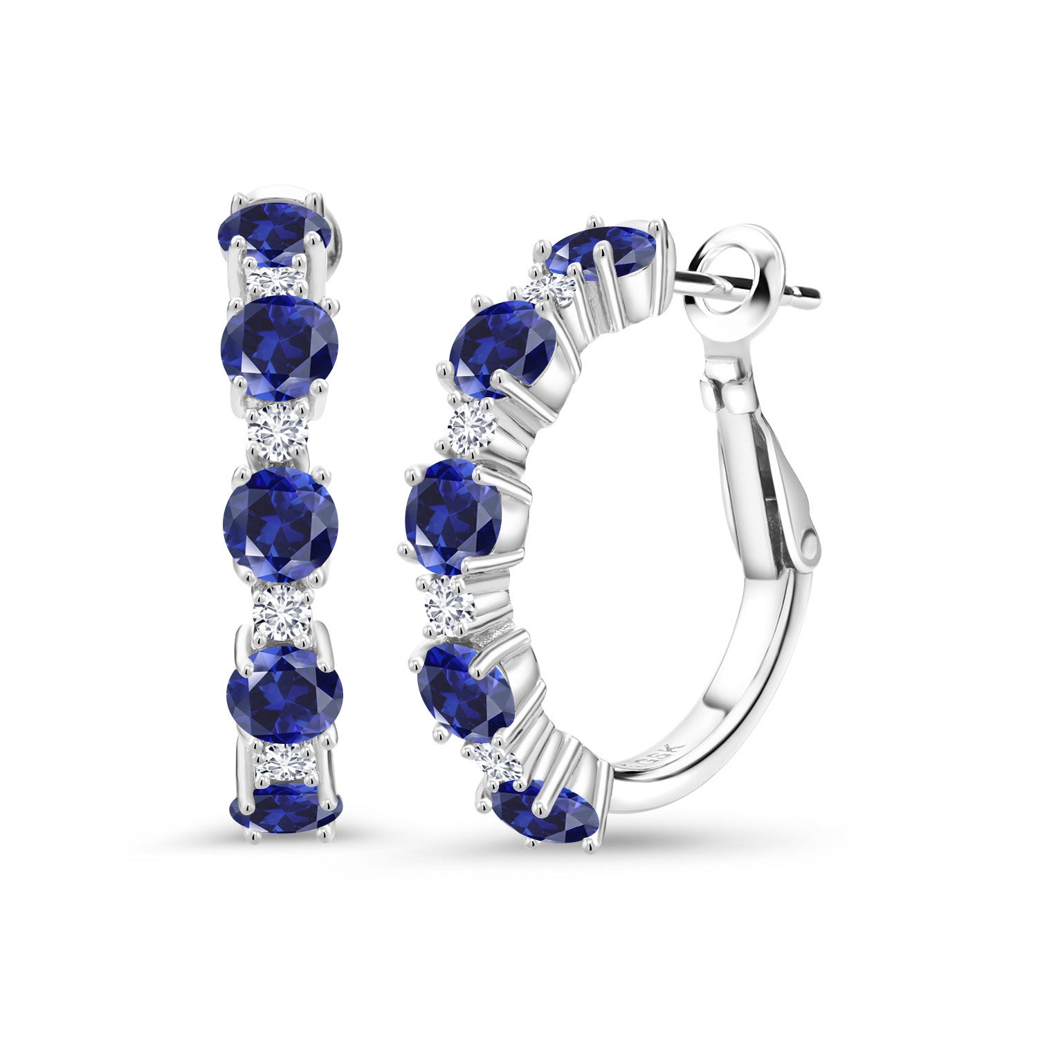 925 Sterling Silver Blue Created Sapphire and White Lab Grown Diamond Hoop Earrings For Women (2.80 Cttw, Round 4MM and 1.9MM, Gemstone Birthstone 1 Inch Diameter)