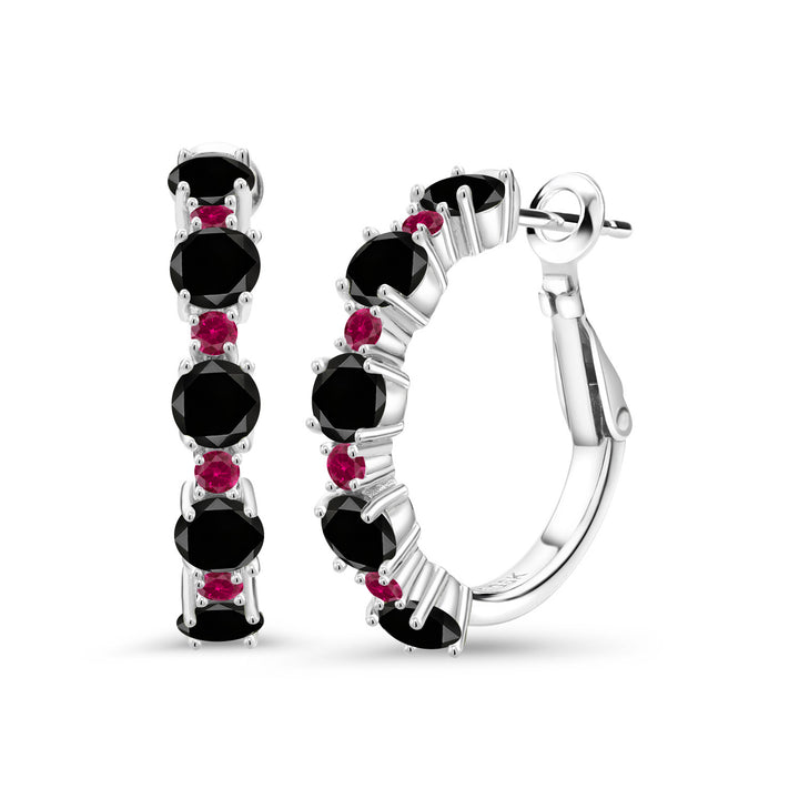 Gem Stone King 925 Sterling Silver Gemstone Birthstone and Created Ruby Hoop Earrings for Women | Round Cut 4MM and 1.9MM Stones | 1 Inch Diameter Hoops | Fine Jewelry for Her Mom Wife Women