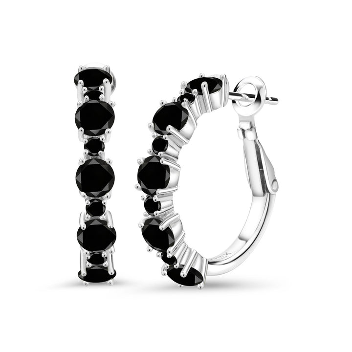 Gem Stone King 925 Sterling Silver Gemstone Birthstone Hoop Earrings for Women | Alternating Round 4MM and 1.9MM Stones | Elegant Graduated Design | Fine Jewelry Earrings | 1 Inch Diameter Hoops